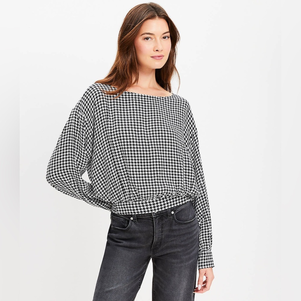 NWT Loft Women's Houndstooth Long Sleeve Bubble Hem Blouse Black Size XL